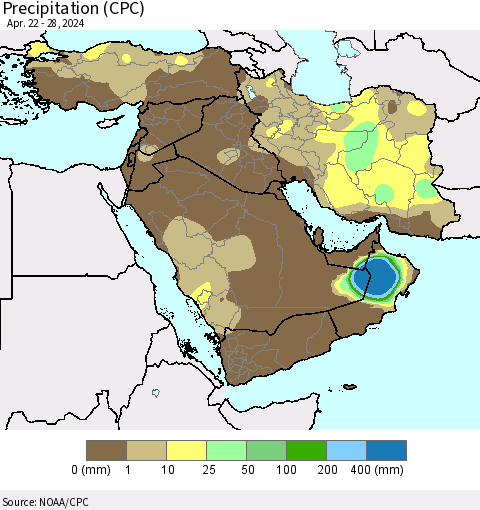 Middle East and Turkey Precipitation (CPC) Thematic Map For 4/22/2024 - 4/28/2024