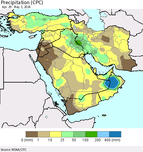Middle East and Turkey Precipitation (CPC) Thematic Map For 4/29/2024 - 5/5/2024