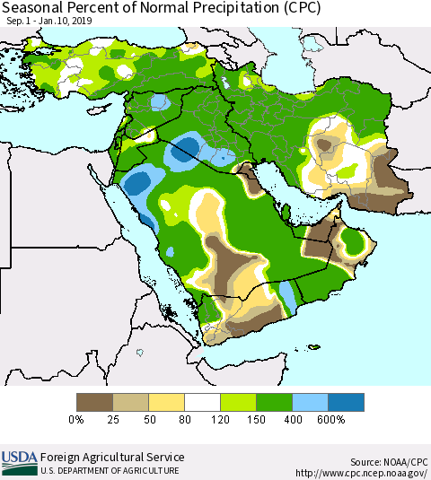 Middle East and Turkey Seasonal Percent of Normal Precipitation (CPC) Thematic Map For 9/1/2018 - 1/10/2019
