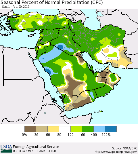 Middle East and Turkey Seasonal Percent of Normal Precipitation (CPC) Thematic Map For 9/1/2018 - 2/20/2019