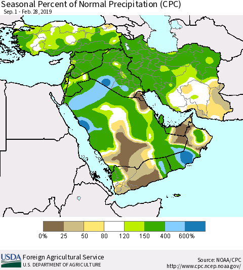 Middle East and Turkey Seasonal Percent of Normal Precipitation (CPC) Thematic Map For 9/1/2018 - 2/28/2019