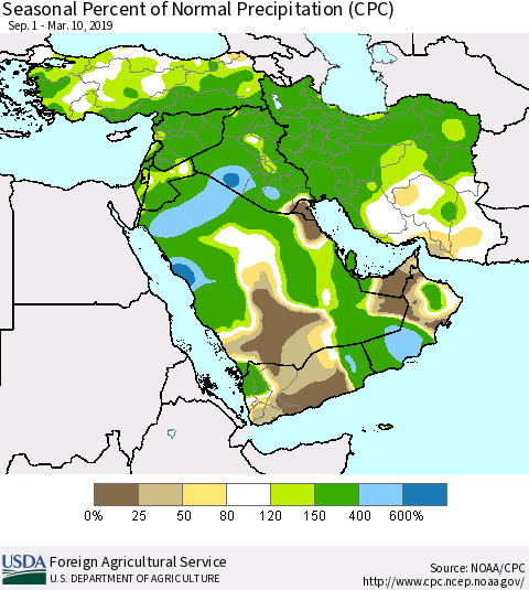 Middle East and Turkey Seasonal Percent of Normal Precipitation (CPC) Thematic Map For 9/1/2018 - 3/10/2019