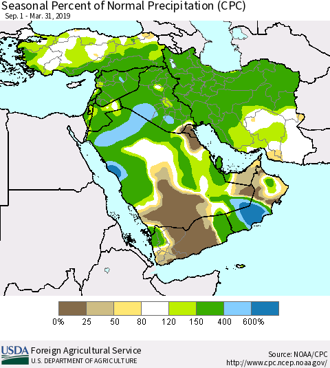 Middle East and Turkey Seasonal Percent of Normal Precipitation (CPC) Thematic Map For 9/1/2018 - 3/31/2019