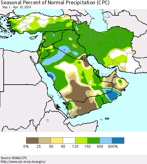 Middle East and Turkey Seasonal Percent of Normal Precipitation (CPC) Thematic Map For 9/1/2018 - 4/10/2019