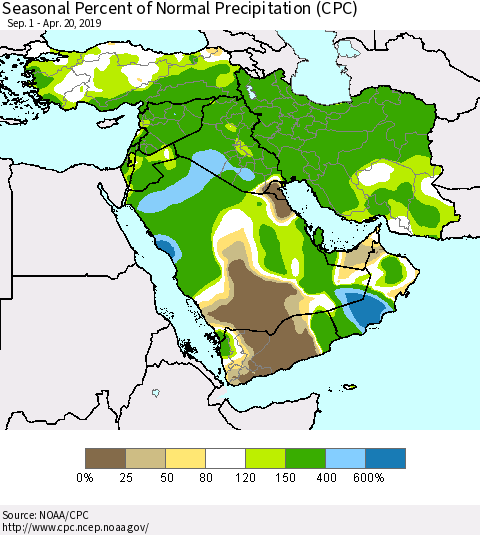 Middle East and Turkey Seasonal Percent of Normal Precipitation (CPC) Thematic Map For 9/1/2018 - 4/20/2019