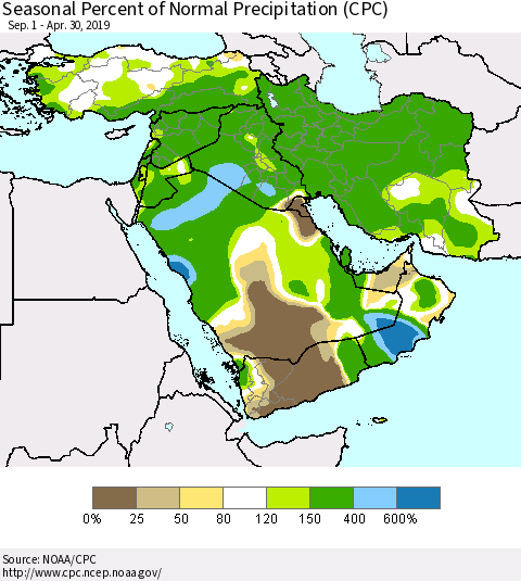 Middle East and Turkey Seasonal Percent of Normal Precipitation (CPC) Thematic Map For 9/1/2018 - 4/30/2019