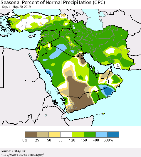 Middle East and Turkey Seasonal Percent of Normal Precipitation (CPC) Thematic Map For 9/1/2018 - 5/20/2019