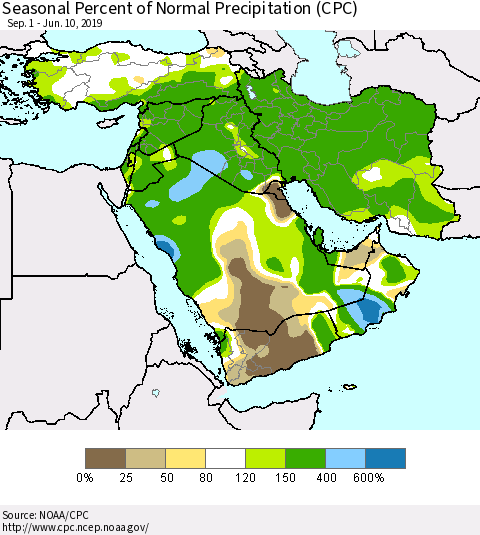 Middle East and Turkey Seasonal Percent of Normal Precipitation (CPC) Thematic Map For 9/1/2018 - 6/10/2019