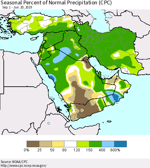 Middle East and Turkey Seasonal Percent of Normal Precipitation (CPC) Thematic Map For 9/1/2018 - 6/20/2019
