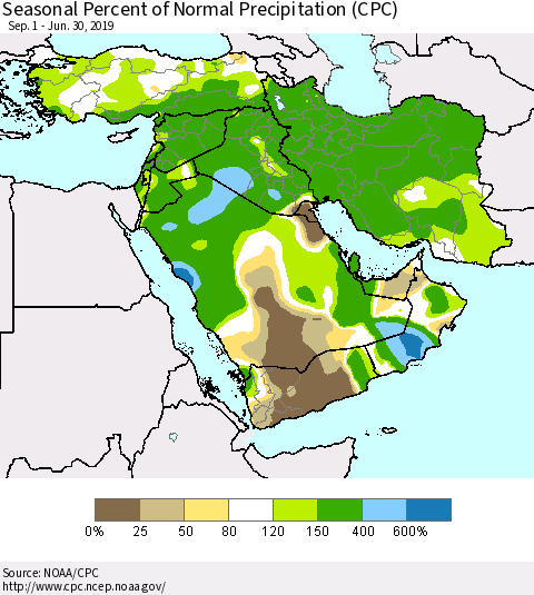 Middle East and Turkey Seasonal Percent of Normal Precipitation (CPC) Thematic Map For 9/1/2018 - 6/30/2019