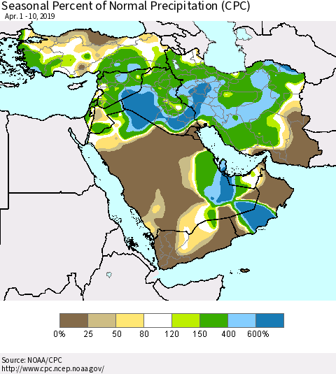 Middle East and Turkey Seasonal Percent of Normal Precipitation (CPC) Thematic Map For 4/1/2019 - 4/10/2019