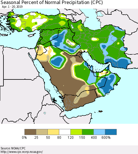 Middle East and Turkey Seasonal Percent of Normal Precipitation (CPC) Thematic Map For 4/1/2019 - 4/20/2019
