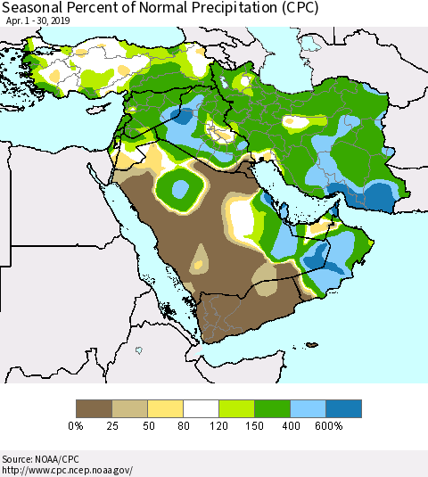 Middle East and Turkey Seasonal Percent of Normal Precipitation (CPC) Thematic Map For 4/1/2019 - 4/30/2019