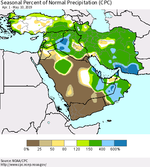 Middle East and Turkey Seasonal Percent of Normal Precipitation (CPC) Thematic Map For 4/1/2019 - 5/10/2019