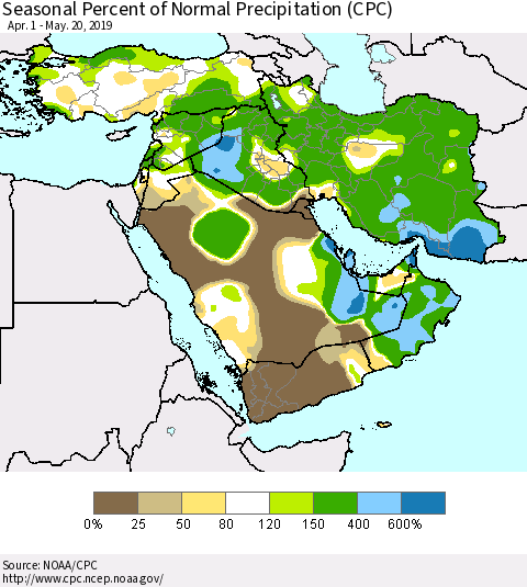 Middle East and Turkey Seasonal Percent of Normal Precipitation (CPC) Thematic Map For 4/1/2019 - 5/20/2019
