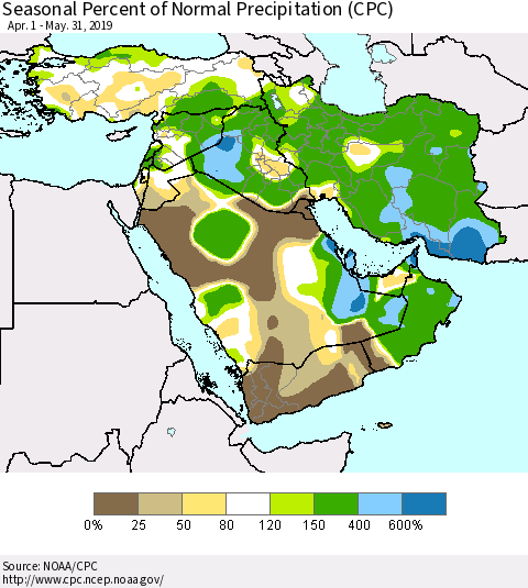 Middle East and Turkey Seasonal Percent of Normal Precipitation (CPC) Thematic Map For 4/1/2019 - 5/31/2019