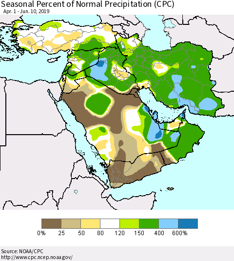 Middle East and Turkey Seasonal Percent of Normal Precipitation (CPC) Thematic Map For 4/1/2019 - 6/10/2019