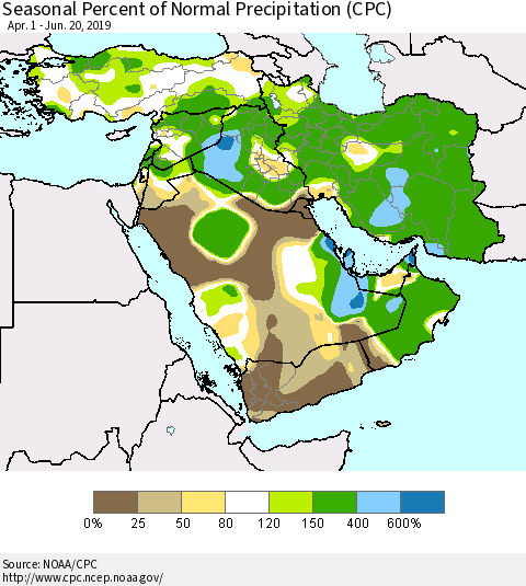 Middle East and Turkey Seasonal Percent of Normal Precipitation (CPC) Thematic Map For 4/1/2019 - 6/20/2019