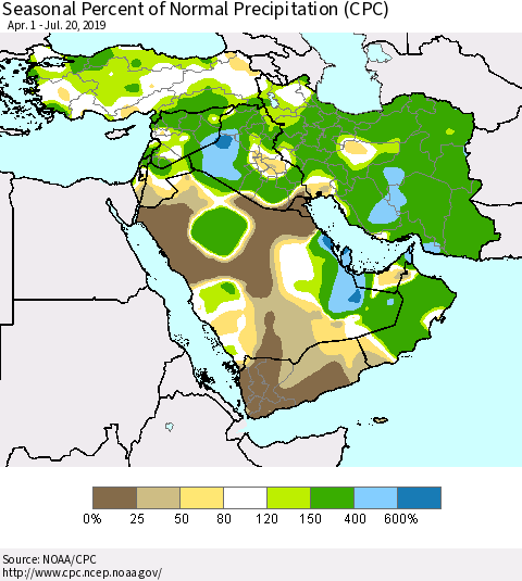 Middle East and Turkey Seasonal Percent of Normal Precipitation (CPC) Thematic Map For 4/1/2019 - 7/20/2019