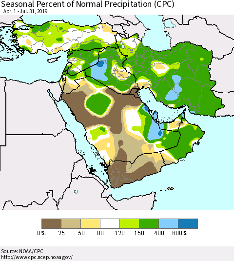 Middle East and Turkey Seasonal Percent of Normal Precipitation (CPC) Thematic Map For 4/1/2019 - 7/31/2019