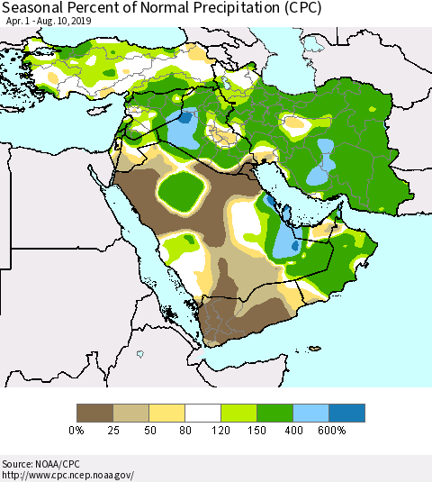 Middle East and Turkey Seasonal Percent of Normal Precipitation (CPC) Thematic Map For 4/1/2019 - 8/10/2019