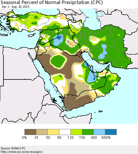 Middle East and Turkey Seasonal Percent of Normal Precipitation (CPC) Thematic Map For 4/1/2019 - 8/20/2019
