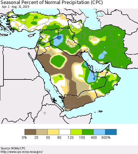 Middle East and Turkey Seasonal Percent of Normal Precipitation (CPC) Thematic Map For 4/1/2019 - 8/31/2019