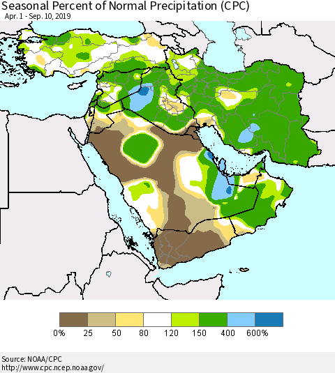 Middle East and Turkey Seasonal Percent of Normal Precipitation (CPC) Thematic Map For 4/1/2019 - 9/10/2019
