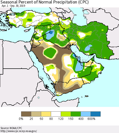 Middle East and Turkey Seasonal Percent of Normal Precipitation (CPC) Thematic Map For 4/1/2019 - 9/30/2019