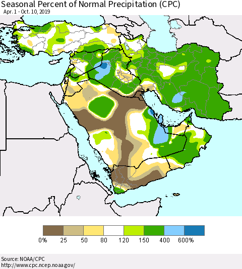 Middle East and Turkey Seasonal Percent of Normal Precipitation (CPC) Thematic Map For 4/1/2019 - 10/10/2019