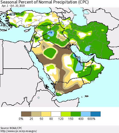 Middle East and Turkey Seasonal Percent of Normal Precipitation (CPC) Thematic Map For 4/1/2019 - 10/20/2019