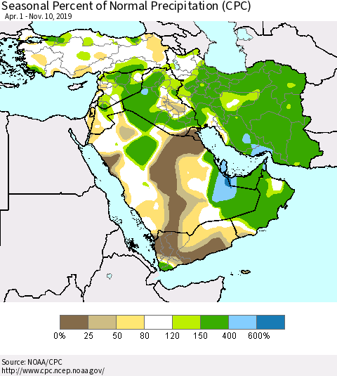 Middle East and Turkey Seasonal Percent of Normal Precipitation (CPC) Thematic Map For 4/1/2019 - 11/10/2019