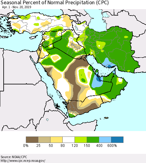 Middle East and Turkey Seasonal Percent of Normal Precipitation (CPC) Thematic Map For 4/1/2019 - 11/20/2019