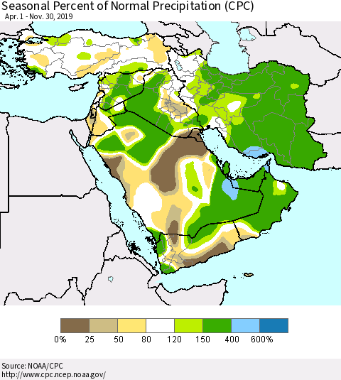 Middle East and Turkey Seasonal Percent of Normal Precipitation (CPC) Thematic Map For 4/1/2019 - 11/30/2019