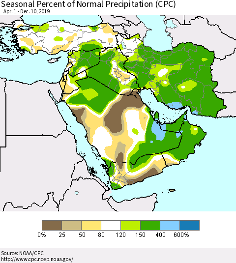 Middle East and Turkey Seasonal Percent of Normal Precipitation (CPC) Thematic Map For 4/1/2019 - 12/10/2019