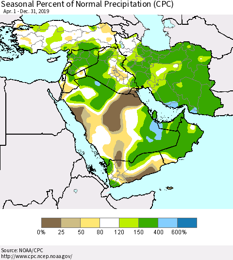 Middle East and Turkey Seasonal Percent of Normal Precipitation (CPC) Thematic Map For 4/1/2019 - 12/31/2019