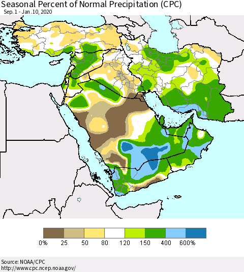 Middle East and Turkey Seasonal Percent of Normal Precipitation (CPC) Thematic Map For 9/1/2019 - 1/10/2020