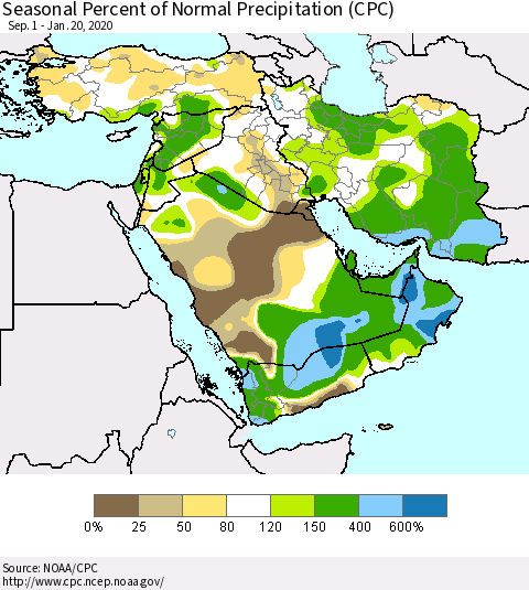 Middle East and Turkey Seasonal Percent of Normal Precipitation (CPC) Thematic Map For 9/1/2019 - 1/20/2020