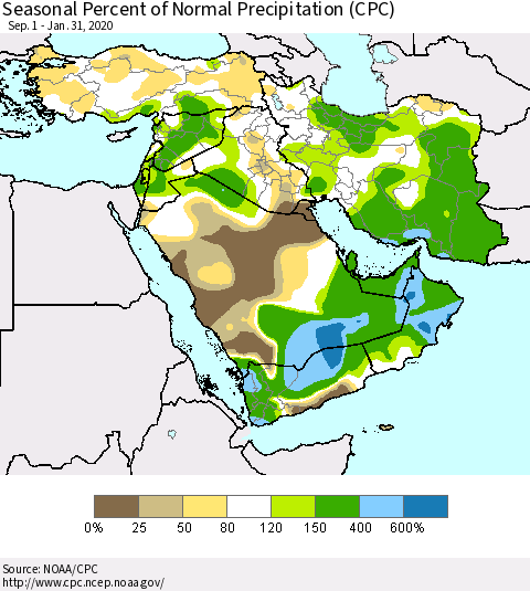 Middle East and Turkey Seasonal Percent of Normal Precipitation (CPC) Thematic Map For 9/1/2019 - 1/31/2020