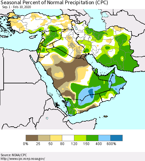 Middle East and Turkey Seasonal Percent of Normal Precipitation (CPC) Thematic Map For 9/1/2019 - 2/10/2020