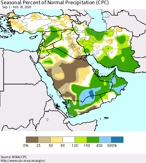 Middle East and Turkey Seasonal Percent of Normal Precipitation (CPC) Thematic Map For 9/1/2019 - 2/20/2020
