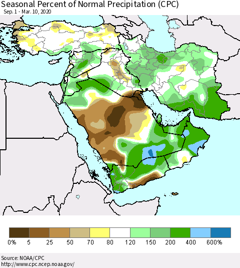 Middle East and Turkey Seasonal Percent of Normal Precipitation (CPC) Thematic Map For 9/1/2019 - 3/10/2020