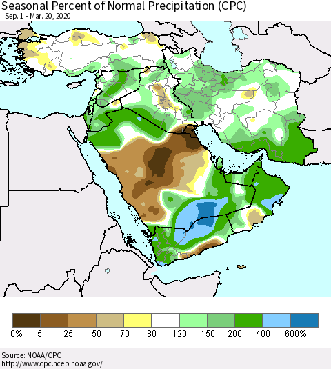 Middle East and Turkey Seasonal Percent of Normal Precipitation (CPC) Thematic Map For 9/1/2019 - 3/20/2020