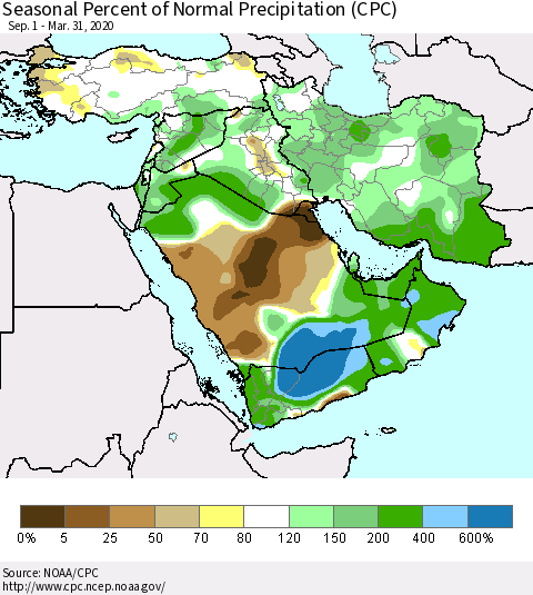 Middle East and Turkey Seasonal Percent of Normal Precipitation (CPC) Thematic Map For 9/1/2019 - 3/31/2020
