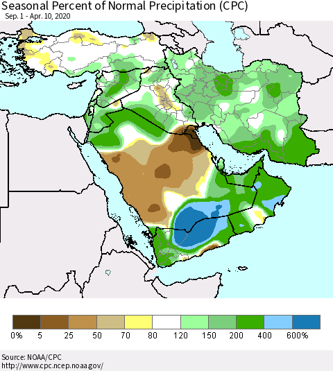 Middle East and Turkey Seasonal Percent of Normal Precipitation (CPC) Thematic Map For 9/1/2019 - 4/10/2020