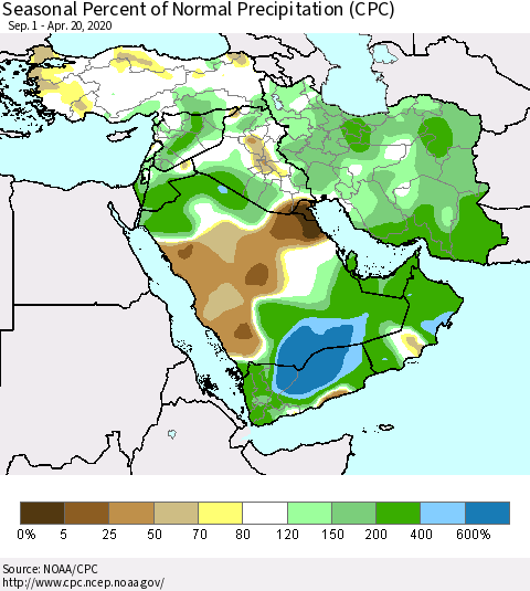 Middle East and Turkey Seasonal Percent of Normal Precipitation (CPC) Thematic Map For 9/1/2019 - 4/20/2020