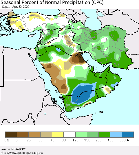 Middle East and Turkey Seasonal Percent of Normal Precipitation (CPC) Thematic Map For 9/1/2019 - 4/30/2020