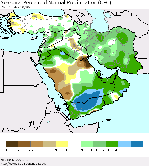 Middle East and Turkey Seasonal Percent of Normal Precipitation (CPC) Thematic Map For 9/1/2019 - 5/10/2020