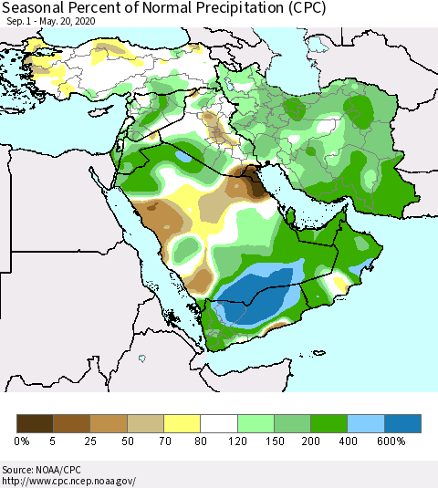 Middle East and Turkey Seasonal Percent of Normal Precipitation (CPC) Thematic Map For 9/1/2019 - 5/20/2020