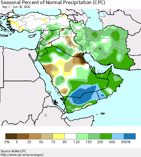 Middle East and Turkey Seasonal Percent of Normal Precipitation (CPC) Thematic Map For 9/1/2019 - 6/30/2020